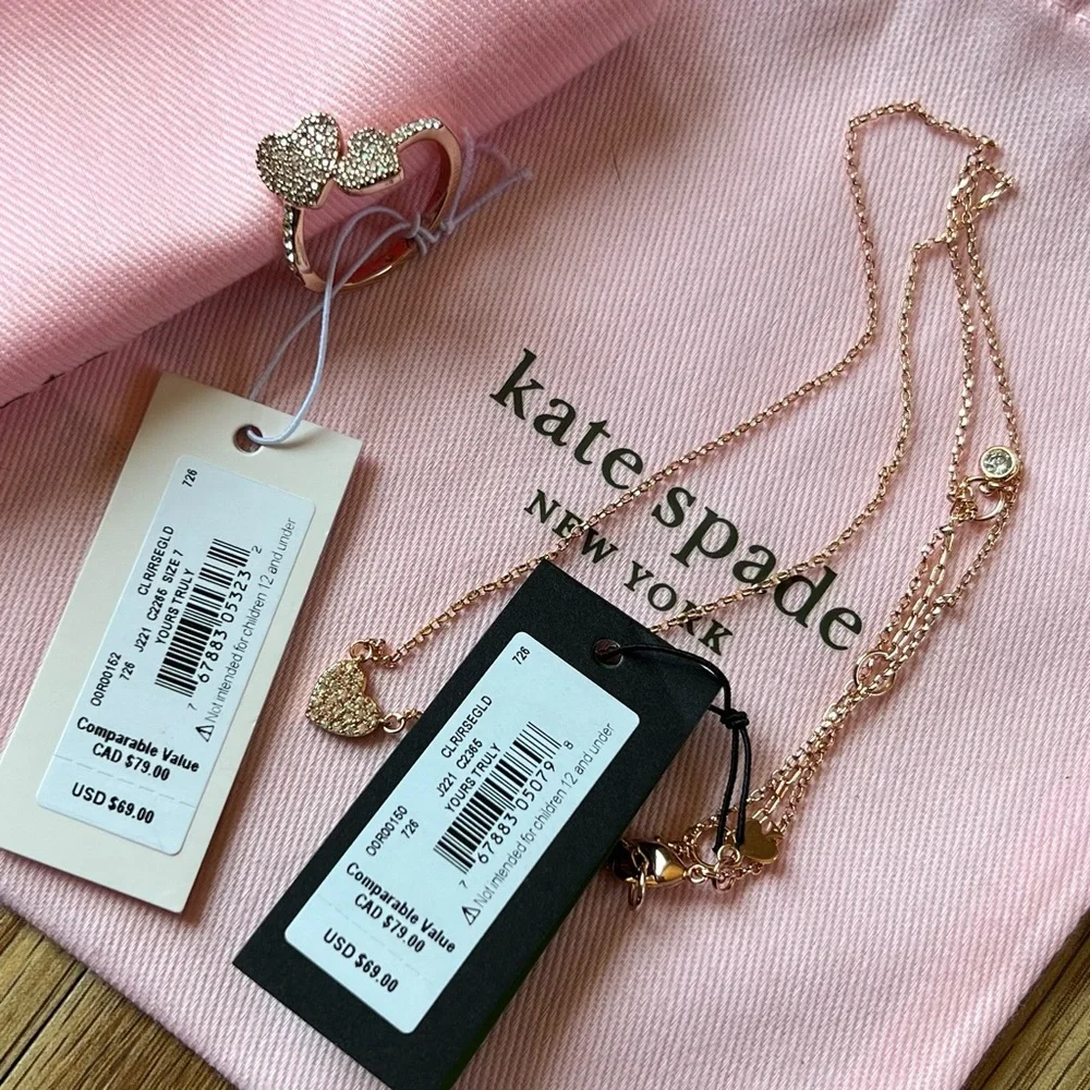 NEW Kate Spade Yours Truly Pave Heart Ring & Mini Pendant Necklace Rose Gold - Picture 5 of 8